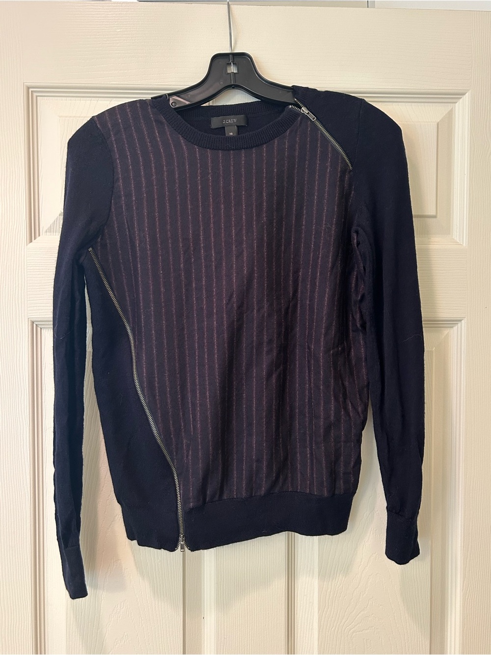 J. Crew Navy Pinstripe Zip-Accent Sweater